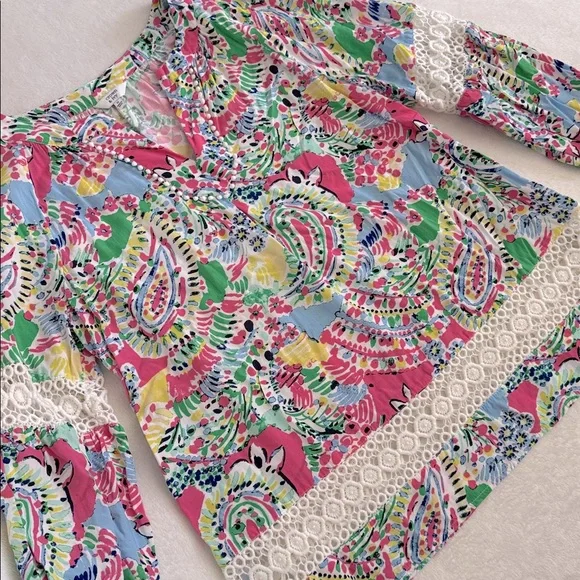 Crown & Ivy | Multicolor Crochet Lace Inset V-Neck Boho Peasant Blouse (M) - Picture 2 of 15